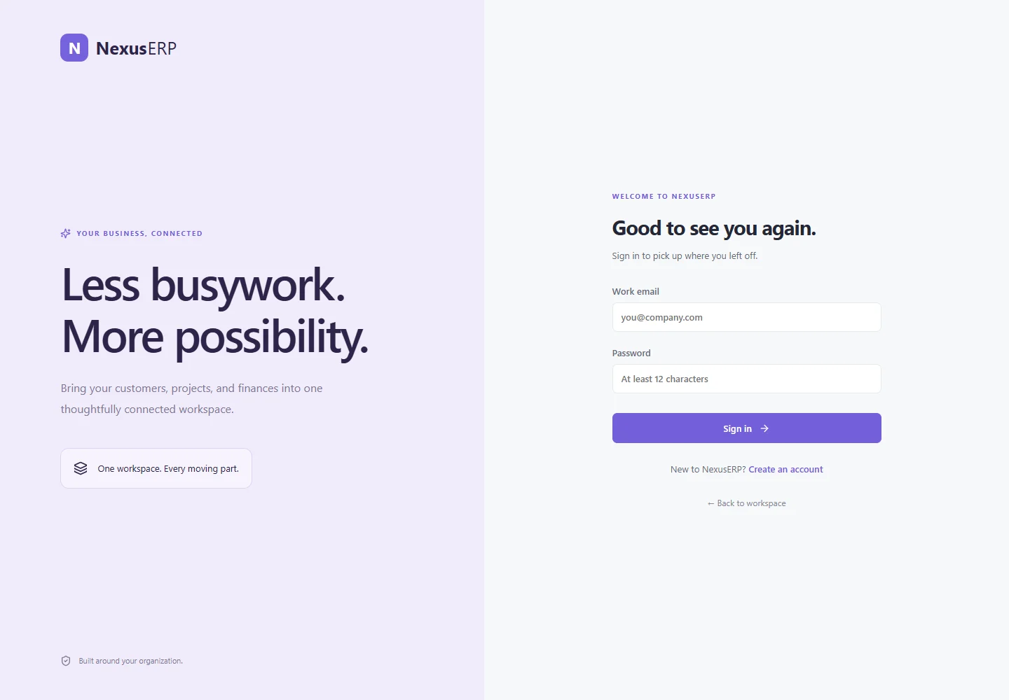 NexusERP — desktop website screenshot