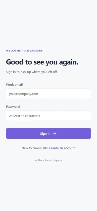 NexusERP — mobile website screenshot