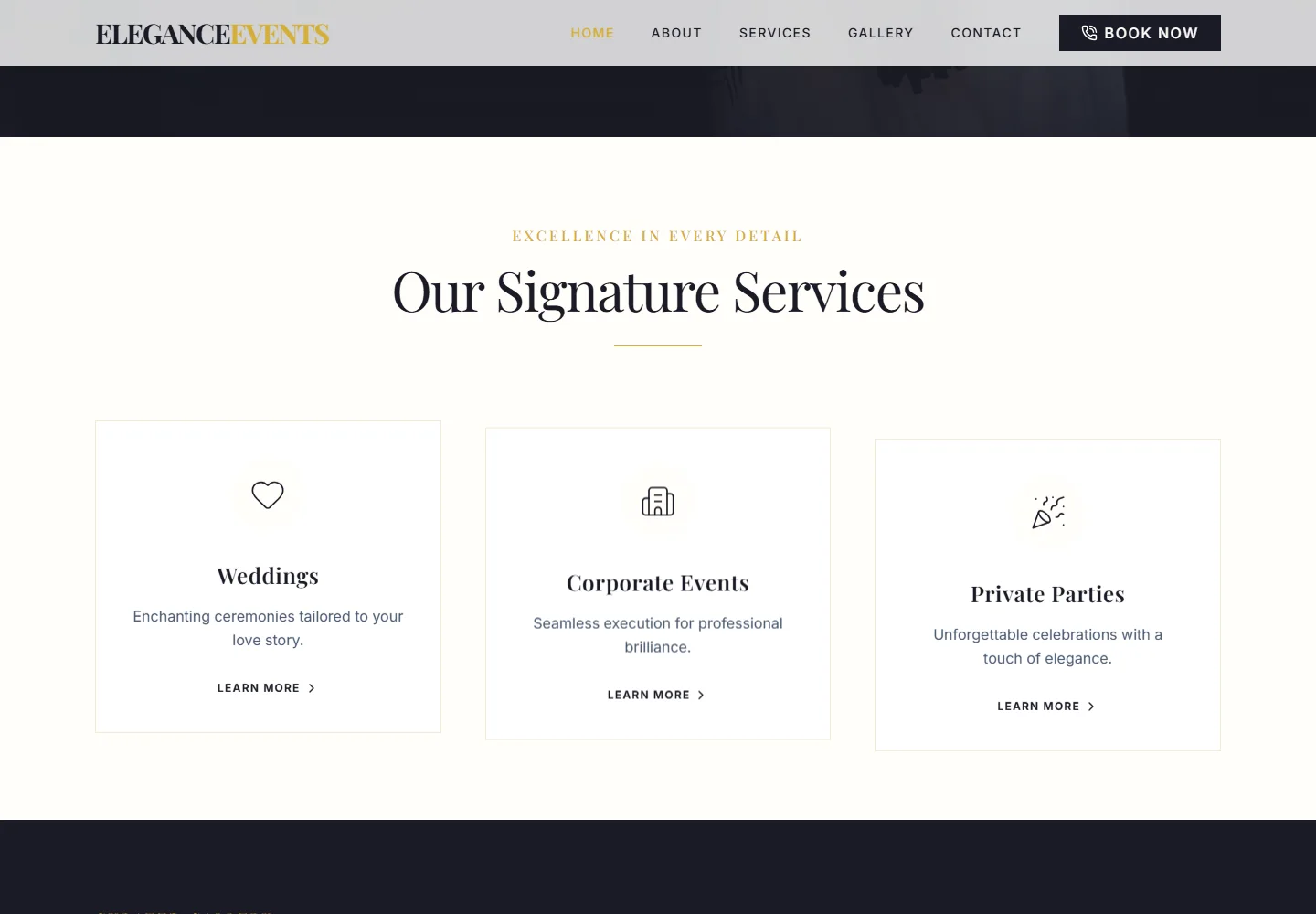 Elegance Events — website detail screenshot