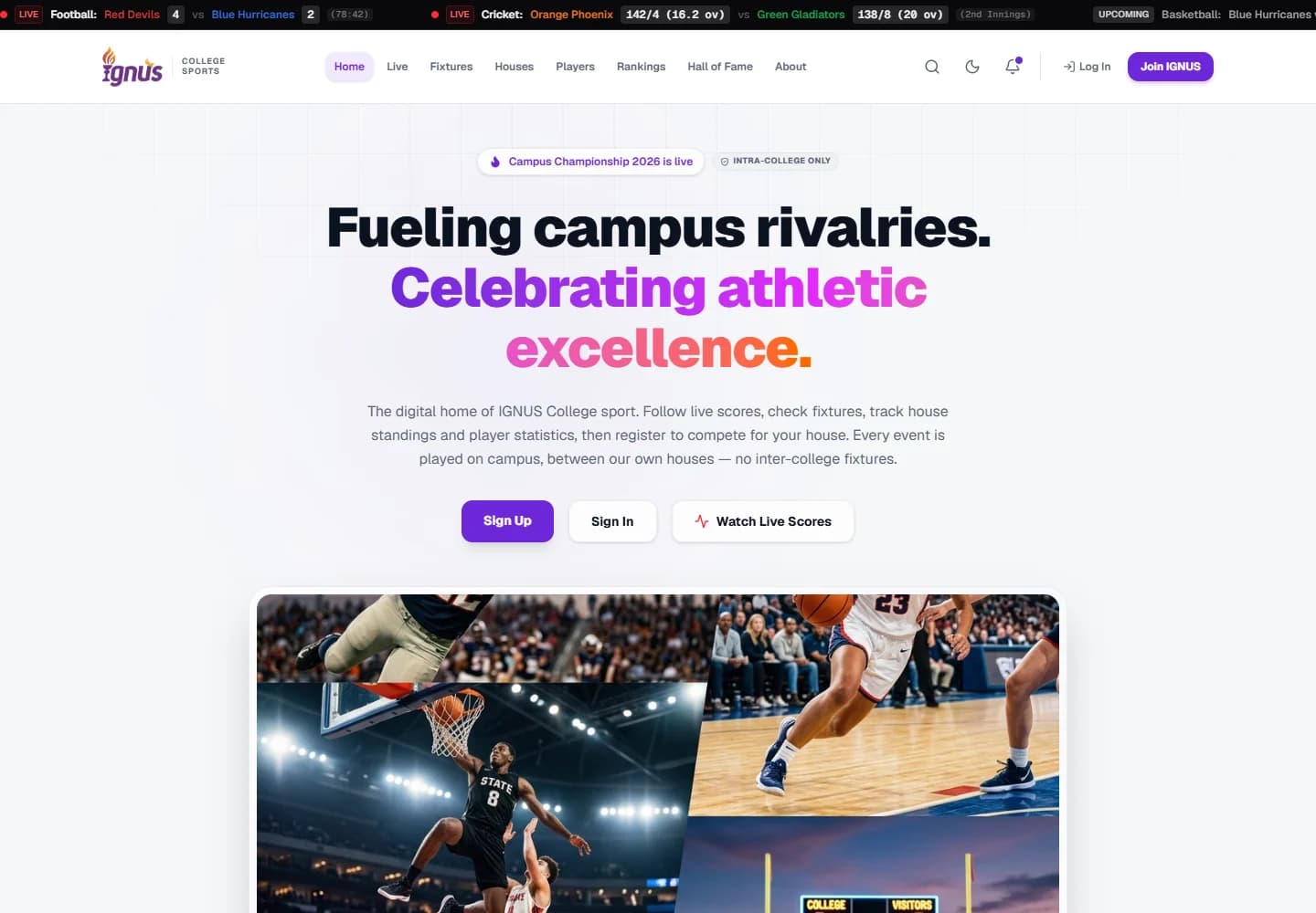 IGNUS Sports Portal — desktop website screenshot