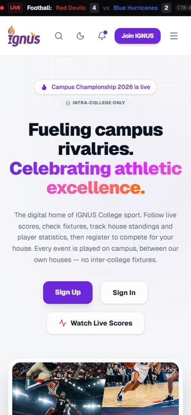 IGNUS Sports Portal — mobile website screenshot