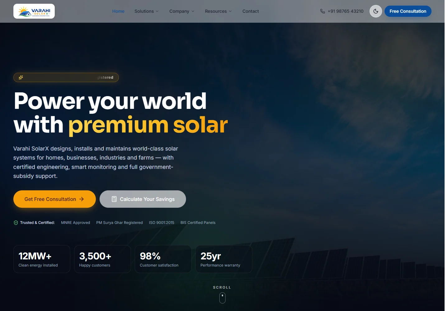 Varahi SolarX — desktop website screenshot