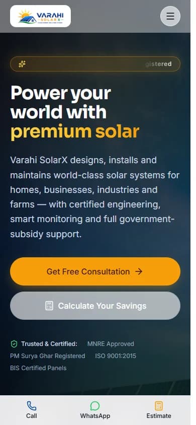 Varahi SolarX — mobile website screenshot