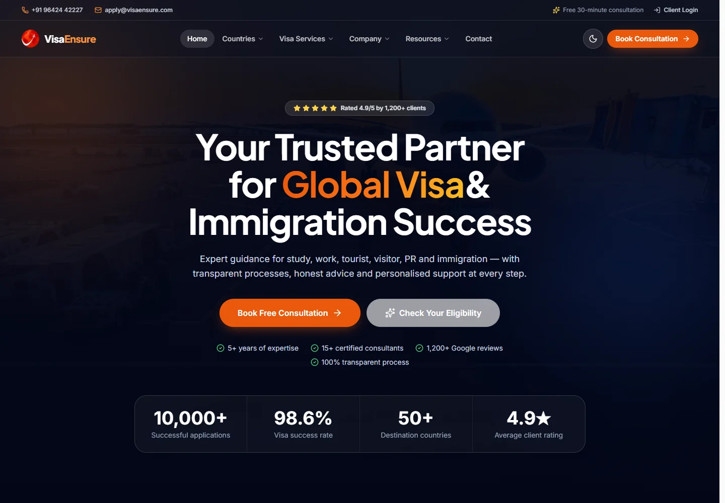 VisaEnsure — desktop website screenshot